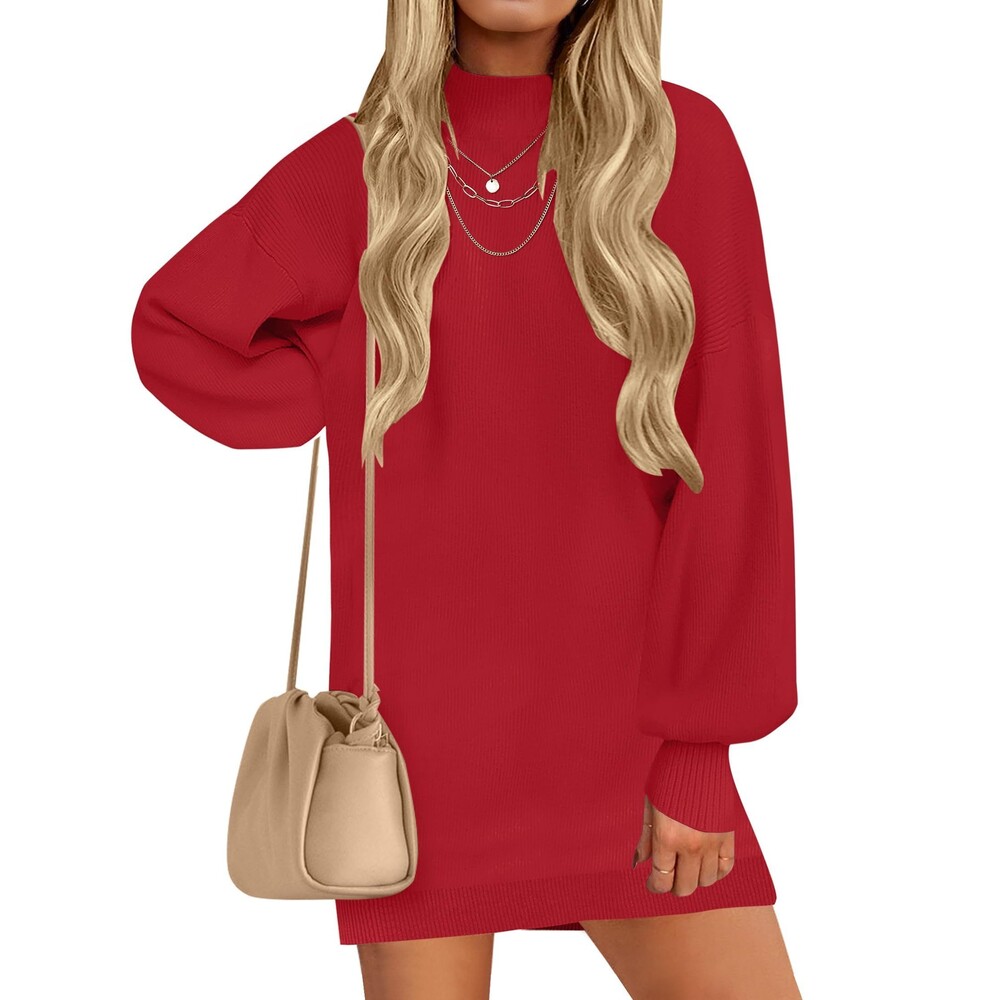 Oversized Long Lantern Sleeve Casual Knit Mini Dress, MEDIUM, 6E-176D002